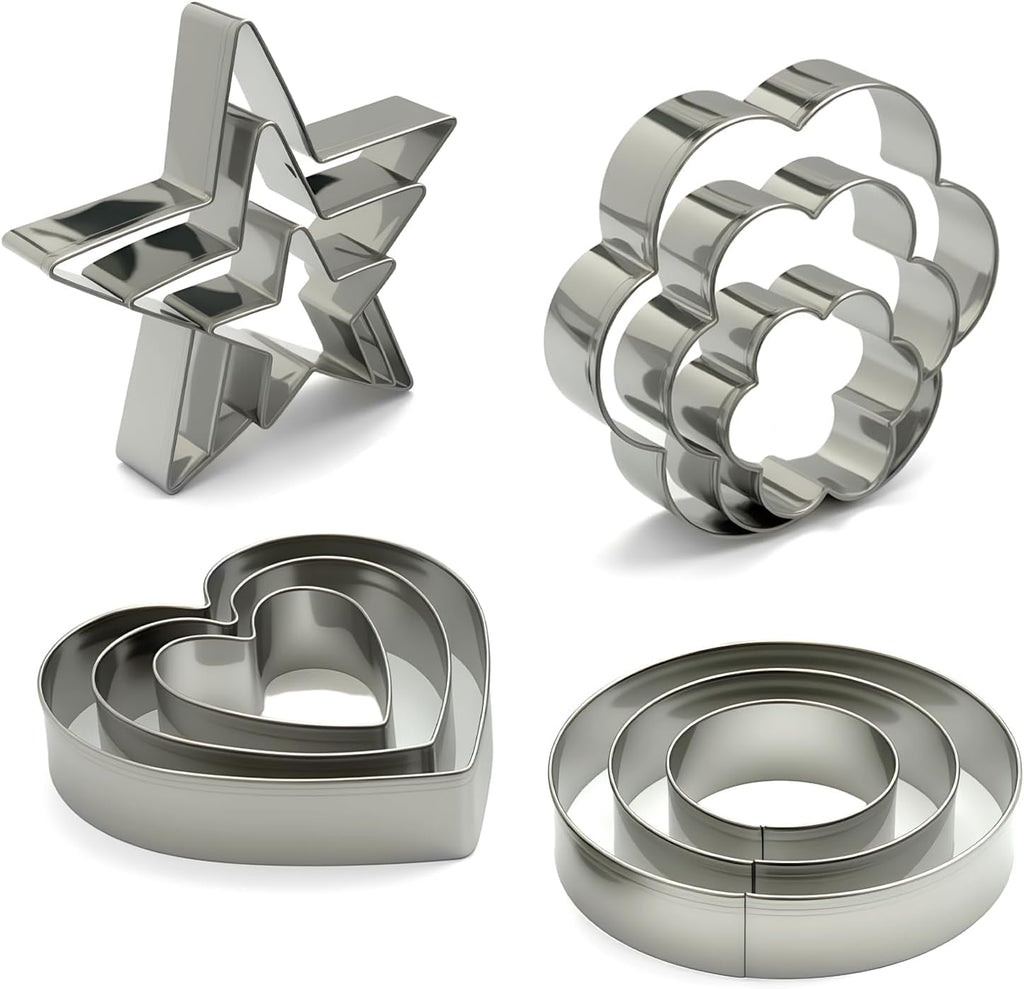 Stainless Steel Cookie Cutters Set 12Pcs - Heart, Flower, Round, Five Star Shapes - Small to Mini Size, Metal Biscuit Cutter Molds for Baking or Holiday Party Decorations