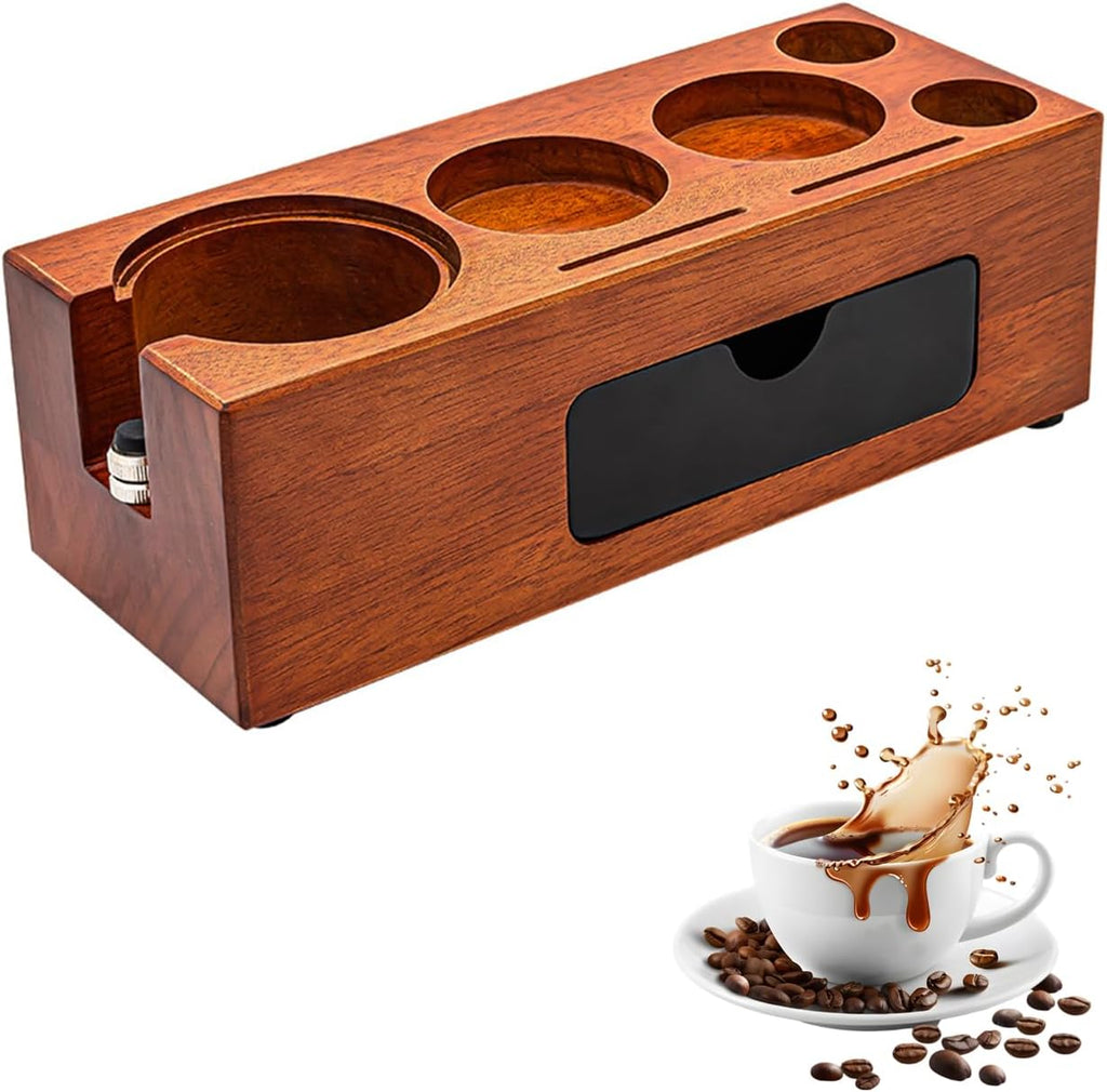 Espresso Tamping Station, Wood Knock Box Drawer Organizer Combo, Compatible with 51-58mm Portafilter and Tamper, for Home Baristas, Coffee Stations, and Espresso Tools Storage