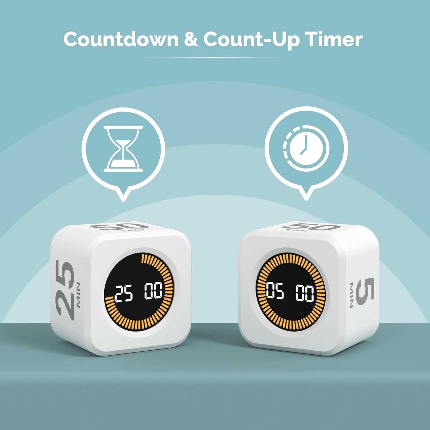 KADAMS Pomodoro Cube Timer Productivity Visual Timer - 5/10/25/50 Min Rotating Countdown, Customize Countup Silent Mode- for Work Study Cook Workout Kitchen Back to School Classroom (White, 2 Pack)