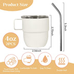 4oz Stackable Cup, Vacuum Insulated Espresso Cup Set of 2, Espresso Mug for Coffee, Double Wall Stainless Steel Mini Tumbler Shot Glasses with Straw and Lid (B-white2P, 4oz)