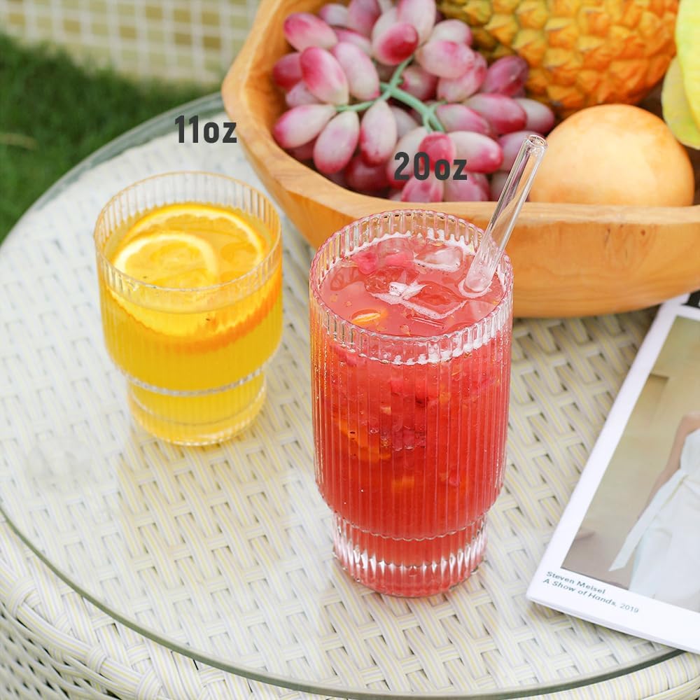 Ribbed Glassware Set of 2, 11oz Clear-Short Origami Style Drinking Glass Cup, Iced Coffee, Cocktail, Beer, Juice Drinking Glasses