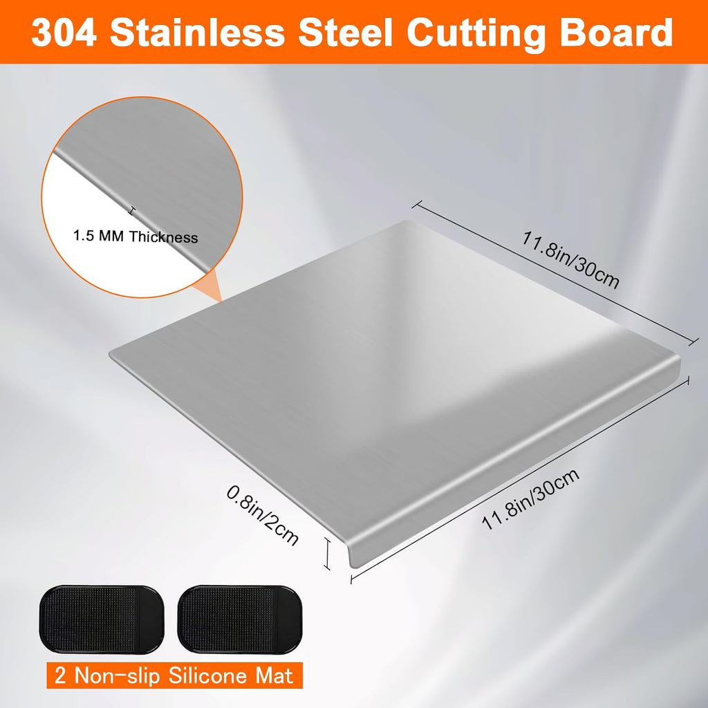 304 Stainless Steel Cutting Board with 2 Pack Non-Slip Mats, Yoposeo Heavy Duty Baking Cutting Chopping Boards for Kitchen, Meat, Fruits, Vegetables, Bread and Baking (11.8" X 11.8"/ 30 X 30cm)