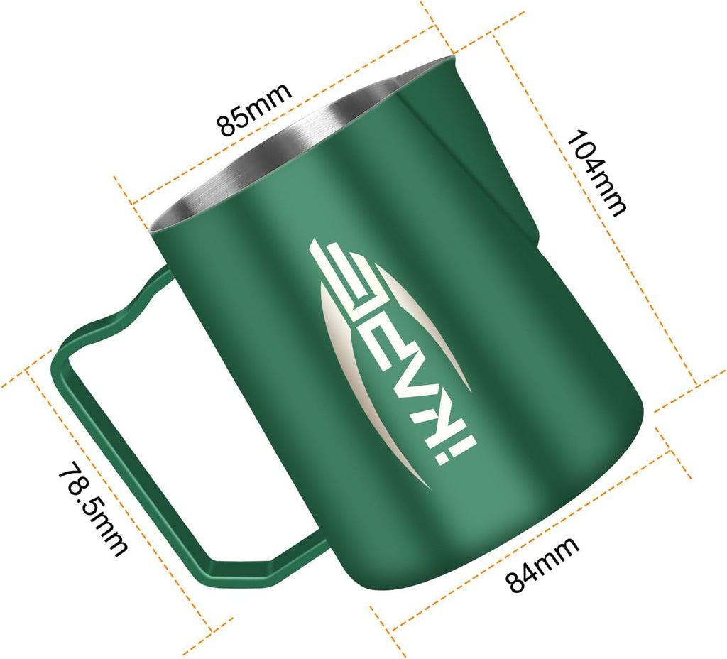 IKAPE Espresso Milk Pitcher, Espresso Steaming Pitcher with Sharp Spout for Espresso Barista Tool, 15.4 oz/450ml Milk Frothing Jug (Green)