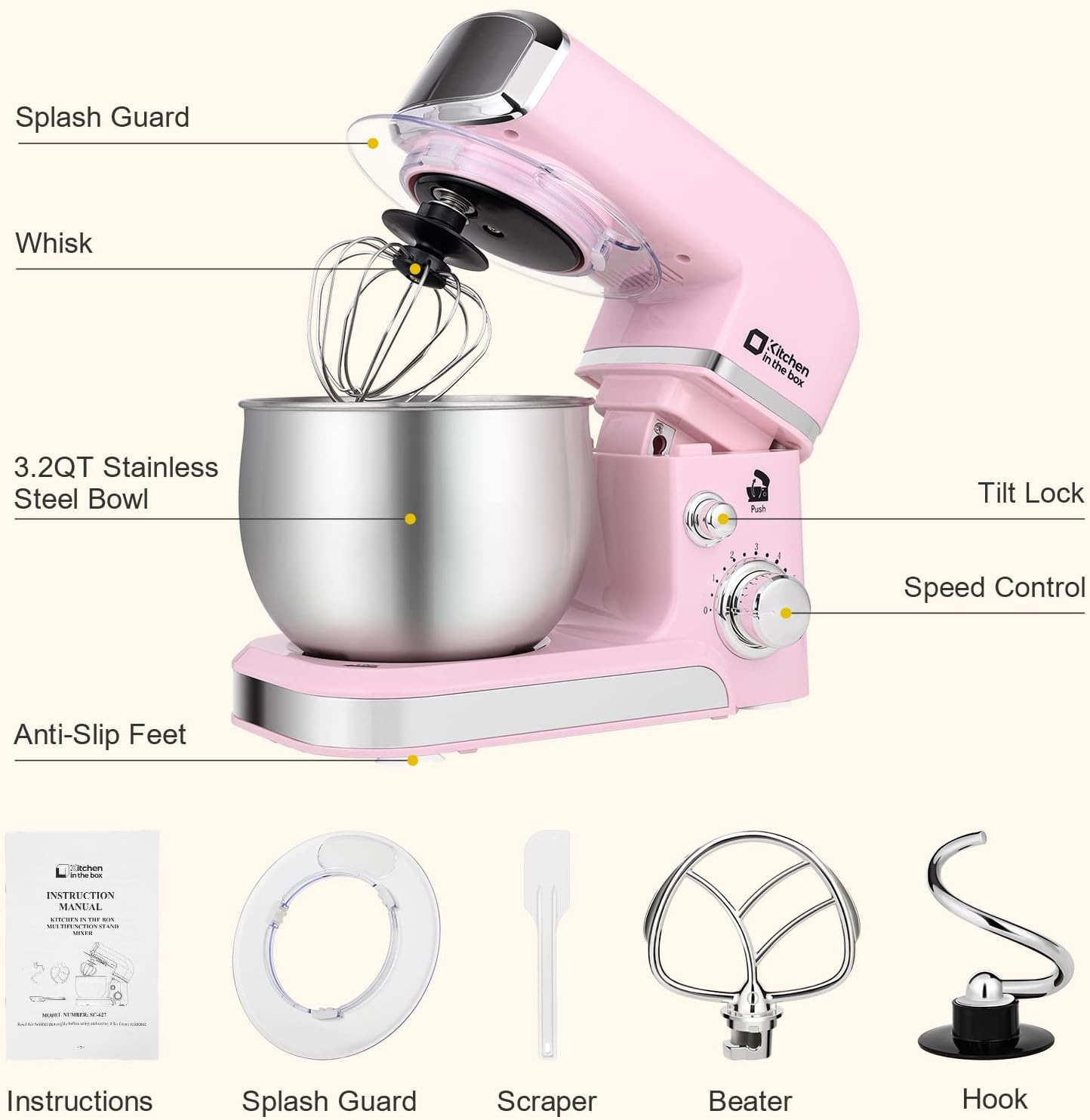 Kitchen in the box Stand Mixer,3.2Qt Small Electric Food Mixer,6 Speeds Portable Lightweight Kitchen Mixer for Daily Use with Egg Whisk,Dough Hook,Flat Beater (Pink)