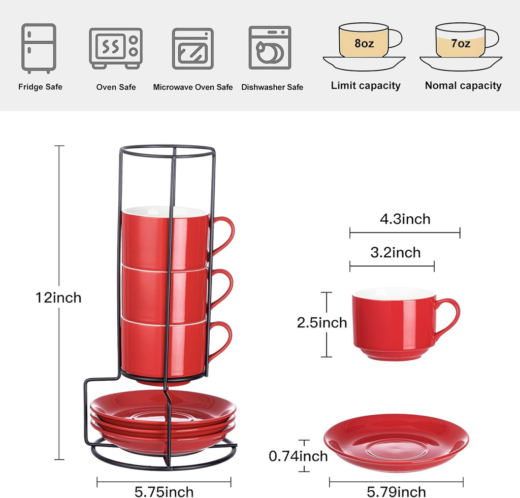 YOLIFE 8oz Porcelain Stackable Cappuccino Cups with Saucers and Metal Stand Set of 4, Coffee cups for Espresso, Specialty Coffee Drinks, Latte, Americano and Tea - Red