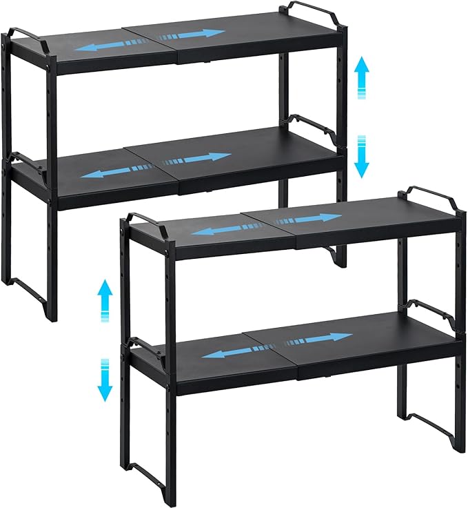 4 Pack Kitchen Cabinet Shelves Organizers, Kitchen Counter Storage Shelf Spice Rack, Expandable Length, Adjustable Height, Stackable, Sturdy 30LBS Bearing, Small Cupboard Tabletop Organizer Shelf Rack