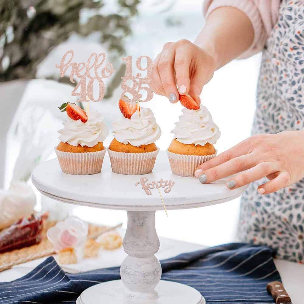 Rose Gold Glitter 40th Birthday Cupcake Toppers 40th Birthday Celebrating Party Decorations - Set of 24