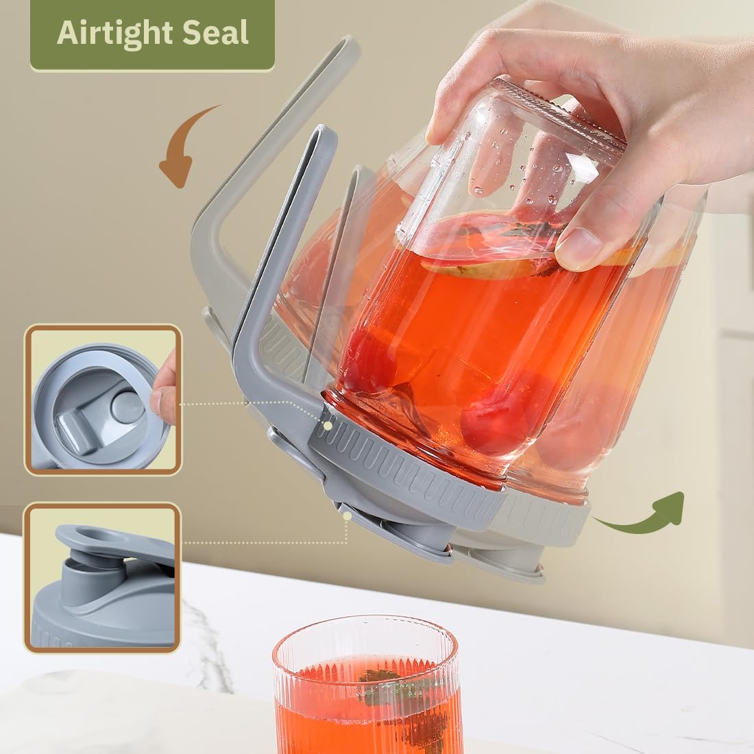 Glass Tea Pitcher with Wide Mouth Airtight Lid Leak Proof Fridge Container with Gray Lid Mason Jar for Water, Tea,Juice and Drinks (2 Pack-32OZ)