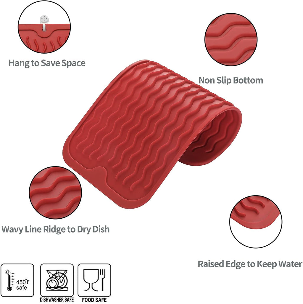 Silicone Dish Drying Mat for Multiple Usage,Easy clean,Eco-friendly,Heat-resistant Silicone Mat for Kitchen Counter or Sink,Refrigerator or Drawer Liner Red S 12 inches x 6 inches
