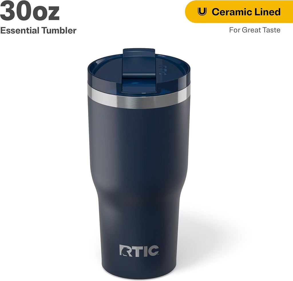 RTIC 30oz Essential Tumbler with Lid, Insulated, Stainless Steel, Metal, Double Wall Vacuum-Insulation, Ceramic Lined, Travel Cup for Iced Coffee, Tea, Hot and Cold Drink, Navy