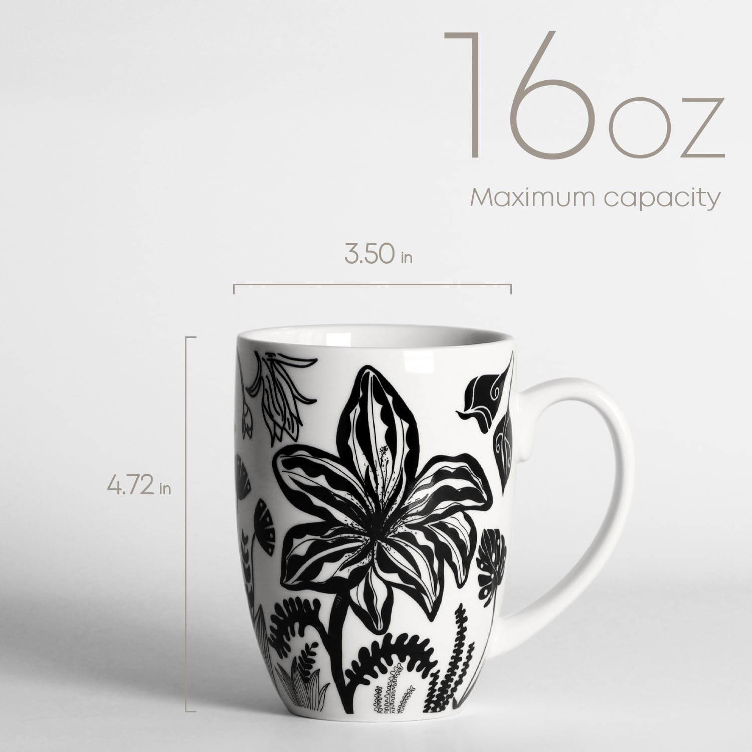 16oz Black and White Boho Floral Mug - Unique Coffee Mugs and Tea Cup, Novelty Ceramic Cups Gifts for Women and Men.