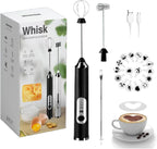 Rechargeable Milk Frother, 3-Speed Electric Handheld Frother with 2 Whisks and Coffee Decoration Tool, Stand-up Design, for Cream, Latte, Cappuccino (Black)