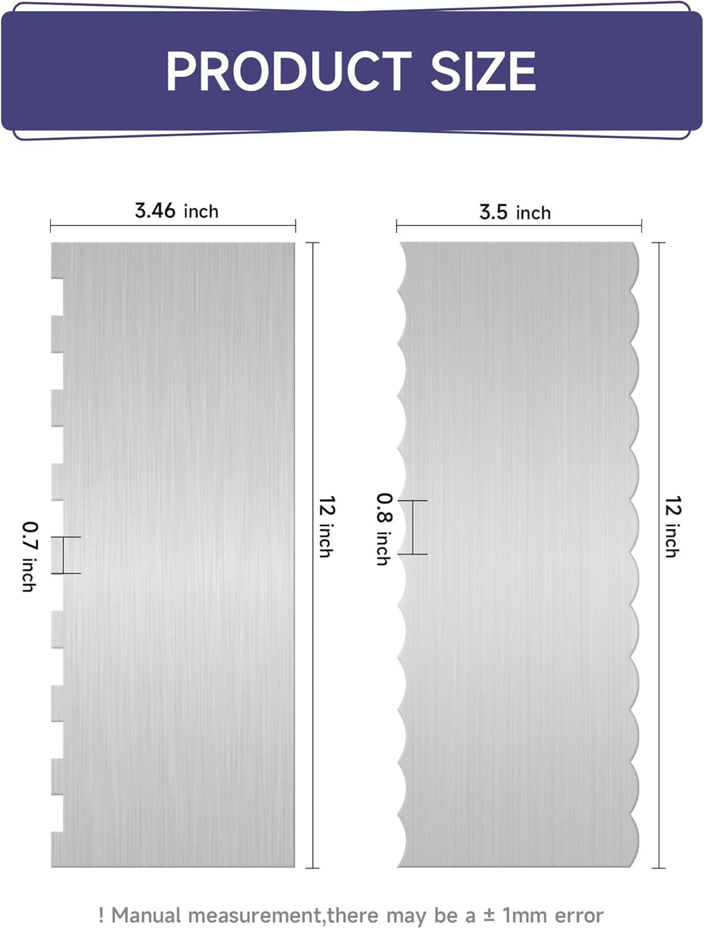 12 Inch Stainless Steel Cake Scraper Set of 2, Metal Cake Scraper Double Sided Patterned Edge for Icing Smoother,Tall Cake Scraper, Cake Combs for Buttercream