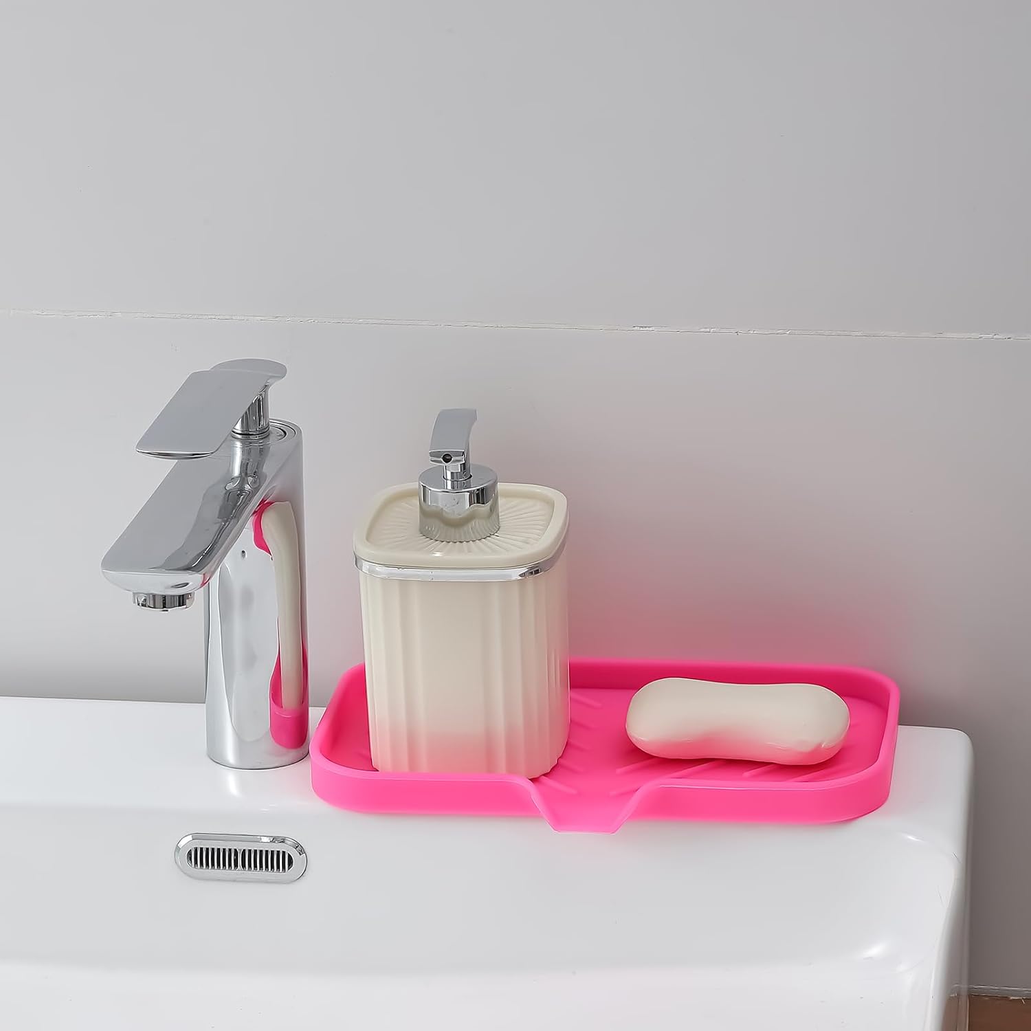 Silicone Bathroom Soap Dishes with Drain Spout-Bathroom and Kitchen Sink Organizer,Sponge Holder,Dish Soap Tray,Perfect for Dispenser,Scrubber,Bottle,Cup on Sink or Counter-Rose 9.6"×5.3"