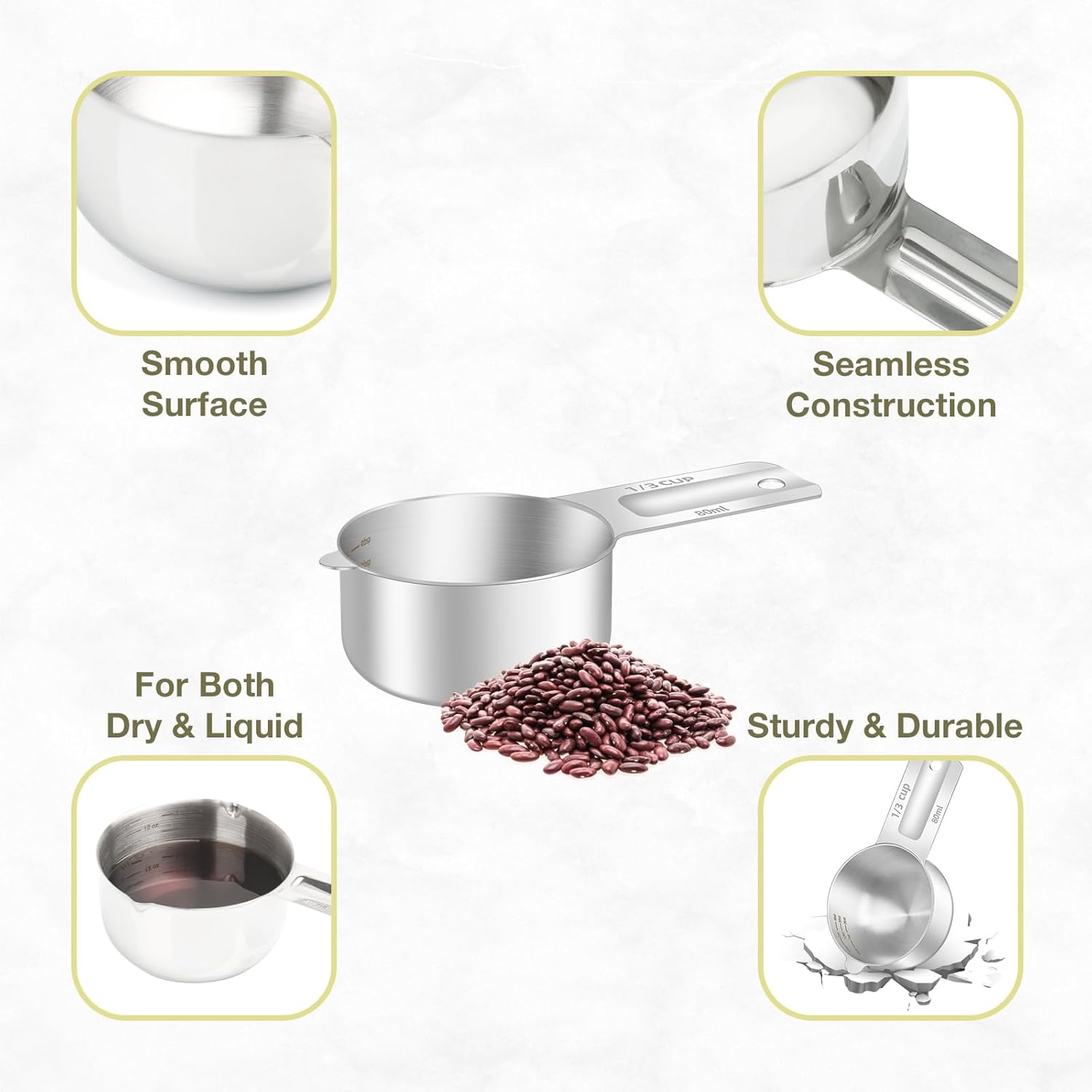 2PCS 1/3Cup (80ml, 2.6oz) Single Measuring Cup, Etched Inner Scale Stainless Steel Measure Scoop, Metric and US Measurement, Dishwasher Safe