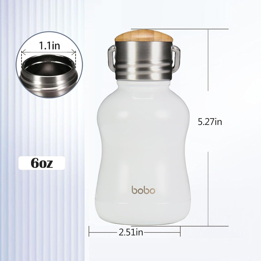 YOHKOH Mini Vacuum Insulated Water Bottle With Bamboo Lid - Stainless Steel Thermos Water Bottle for Women Girls Kids, Metal Sports Hot and Cold Water Bottle Leak-Proof BPA-Free (6.4oz,White)