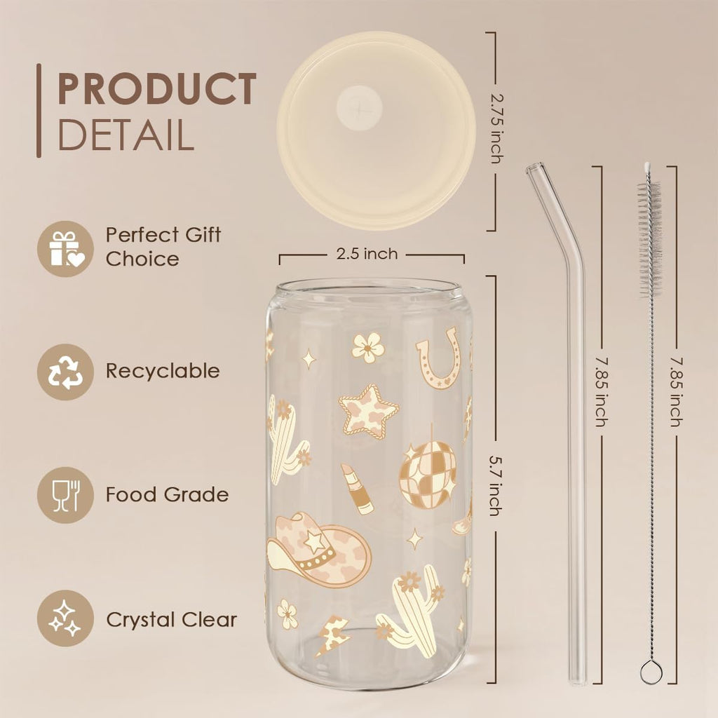 Western Cowgirl 16oz Can Glass Tumbler with Acrylic Lid & Straw, Iced Coffee Cup for Women, Aesthetic Cups Gifts for Birthday Christmas