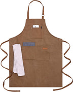 Chef Cooking Aprons for Men Women Thickened Canvas Cotton Apron with 4 Pockets for BBQ Work Kitchen（Brown）