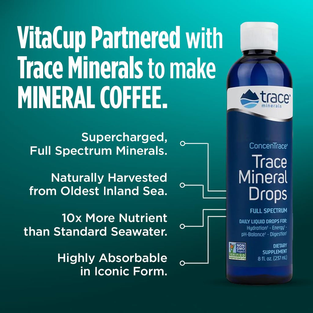 VitaCup Mineral Coffee Pods with Trace Minerals, Hydrate, Replenish & Restore, Sea Minerals, Electrolytes, Organic Coffee, Medium Dark Roast, Single Serve Pod Compatible with Keurig K-Cup Brewers,32Ct
