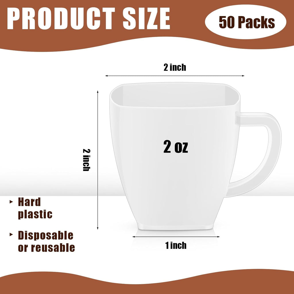 Amyhill 50 Pcs Disposable Tea Cups Mini Plastic Tea Cup Bulk with Handle Hard Plastic Coffee Mug Disposable Square Espresso Mug for Party Catering (White)