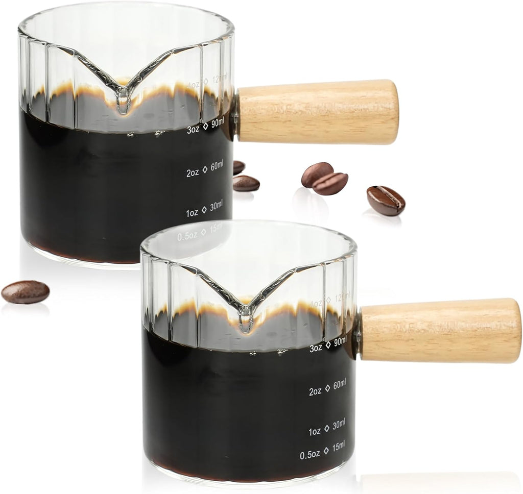 Espresso Cups Set of 2, 4 OZ Espresso Shot Glass with Handle V-Shaped Mouth, Ribbed Milk Frothing Pitcher, Glass Measuring Cup,Cappuccino Cup, Coffee Bar Accessories (Clear)