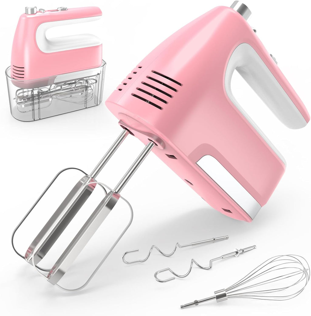 CBQ Hand Mixer Electric, 5-Speed 400W Powerful Motor, Hand Mixer Electric Handheld with Storage Case, Turbo Boost and 5x Accessories, Flat Beaters, Dough Hooks, Whisk (Pink)