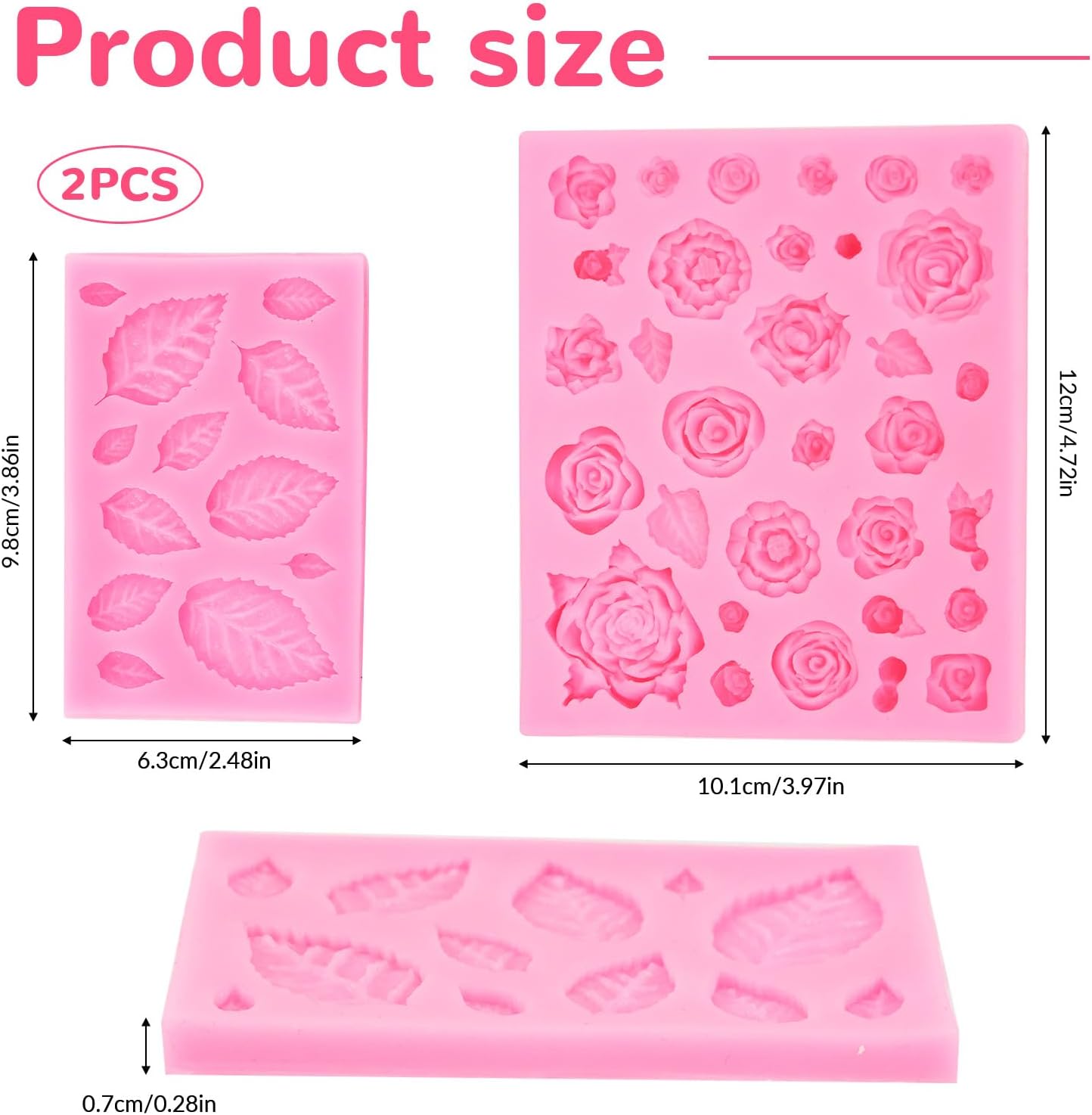 2 Pcs Rose Flowers and Leaves Chocolate Fondant Candy Silicone Molds for Cupcake Toppers, Crafting Projects, Wedding and Birthday Cake Decoration