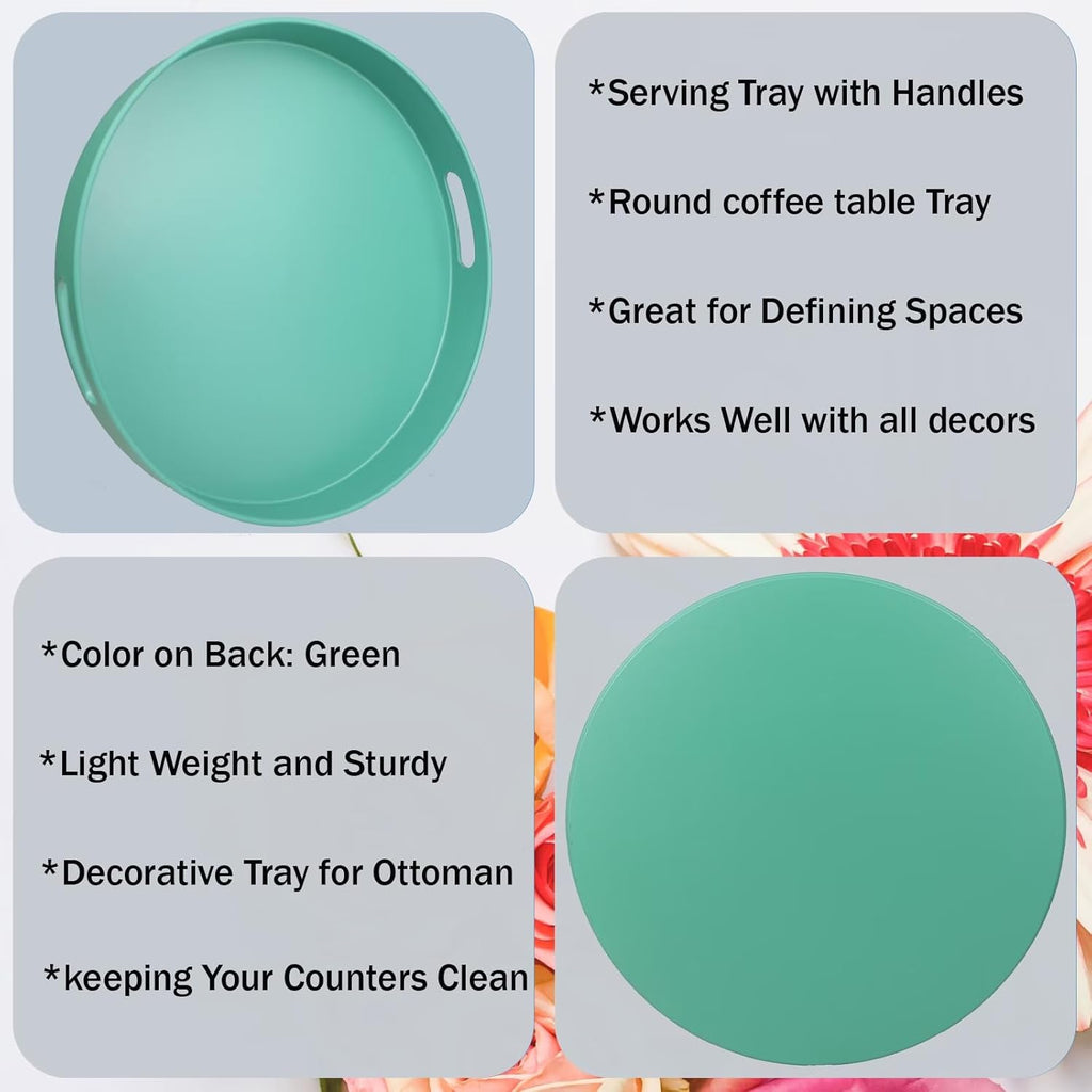 Round Green Decorative Serving Tray with Handles, 13” Versatile Ottoman Tray for Coffee Table, Entertaining, Outdoor Patio, Living Room