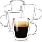 OJA Double Walled Glass Coffee Mugs 12.5oz Hand Blown Clear Coffee Cups Set of 4, Heat Resistant for Cappuccino, Tea, Latte, Espresso, Americano Insulated Borosilicate Glass with Handle
