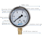 Pressure Gauge,Glycerin Liquid Filled,2.5" Dia,0-15 psi(Single Scale),1/4" NPT Brass Connection,Lower Mount, Stainless Steel Case,for Pneumatic,Pump,Hose,Well Tank,Gas Air Water Oil
