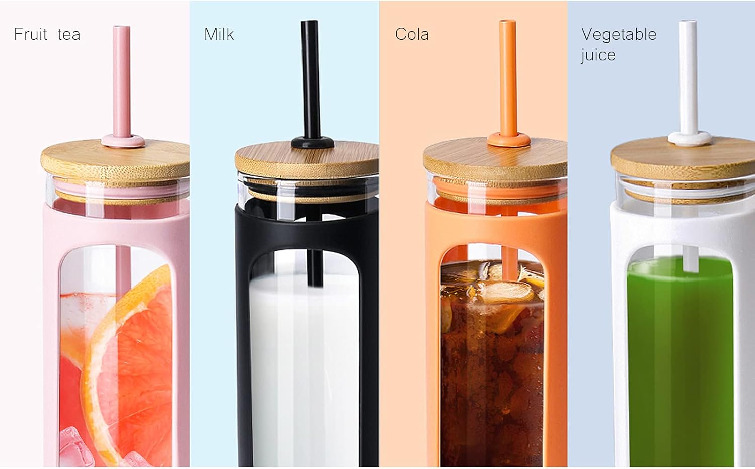 Kodrine 20oz Glass Tumbler with Straw and Lid, Bamboo Lids Water Bottle, Reusable Iced Coffee Cups, Wide Mouth Smoothie Cup with Protective Silicone Sleeve BPA FREE-White+Amber-2pack