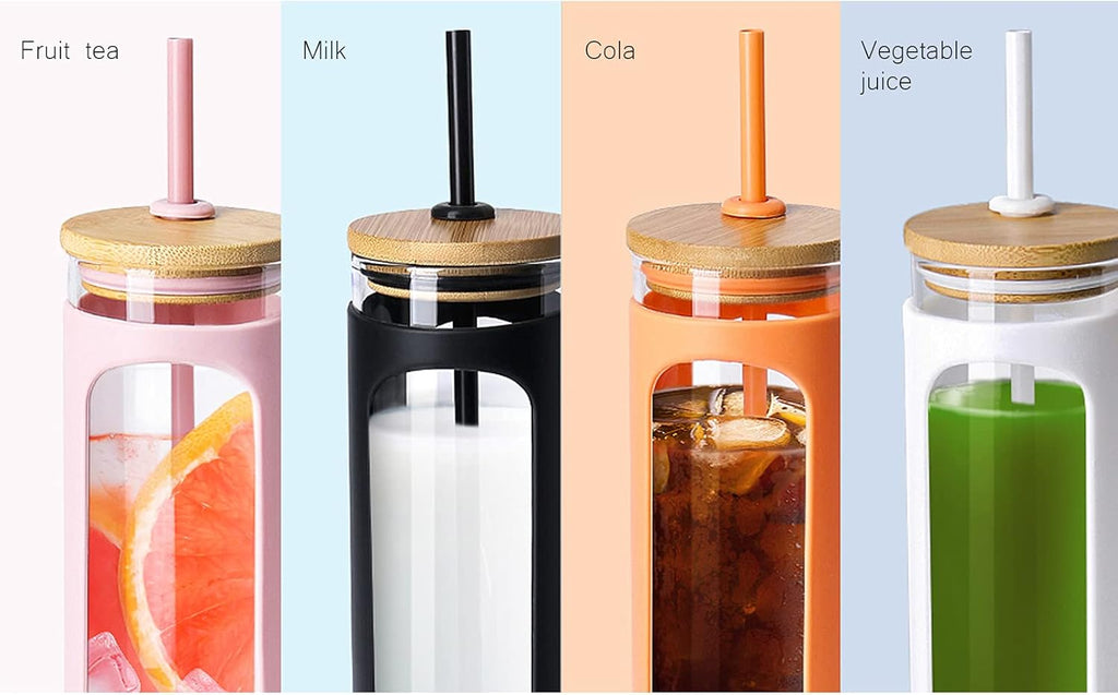 Kodrine 20oz Glass Water Tumbler with Straw and Lid, Bamboo Lids Water Bottle, Iced Coffee Cup Reusable, Wide Mouth Smoothie Cups with Protective Silicone Sleeve BPA FREE-Orange