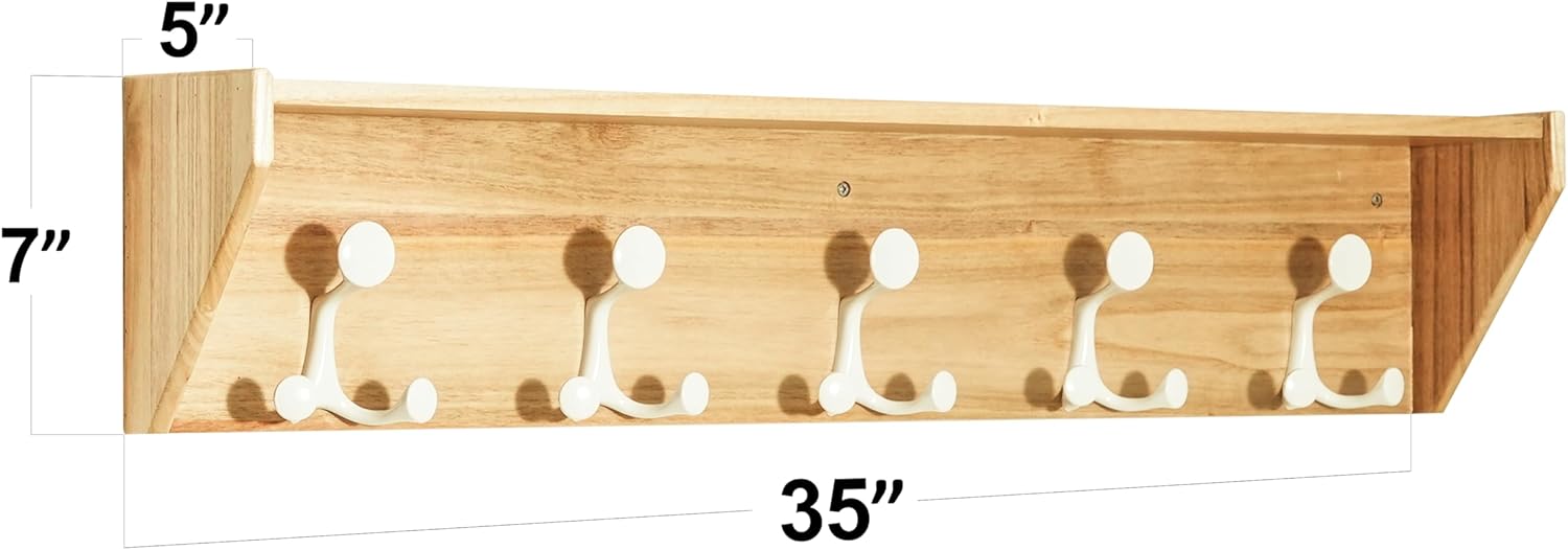 SKOLOO Wall Shelf with Hooks, 35-Inch Coat Rack Wall Mount with Shelf Organizer - Lightweight & Sturdy, 5 Tri Hooks - Perfect for Entryway, Hallway, Living Room, Bedroom, Mudroom, Natural & White