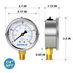MEANLIN MEASURE 0~40Psi Stainless Steel 1/4" NPT 2.5" FACE DIAL Liquid Filled Pressure Gauge WOG Water Oil Air Lower Mount, with 1/2" NPT and 3/8" NPT Hex Bushing