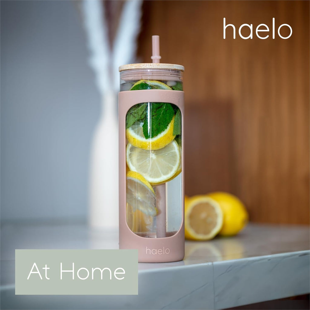 haelo 20oz Glass Tumbler Water Bottle, Iced Coffee Cup with Straw, Silicone Protective Sleeve, Bamboo Lid Reusable BPA Free (White)