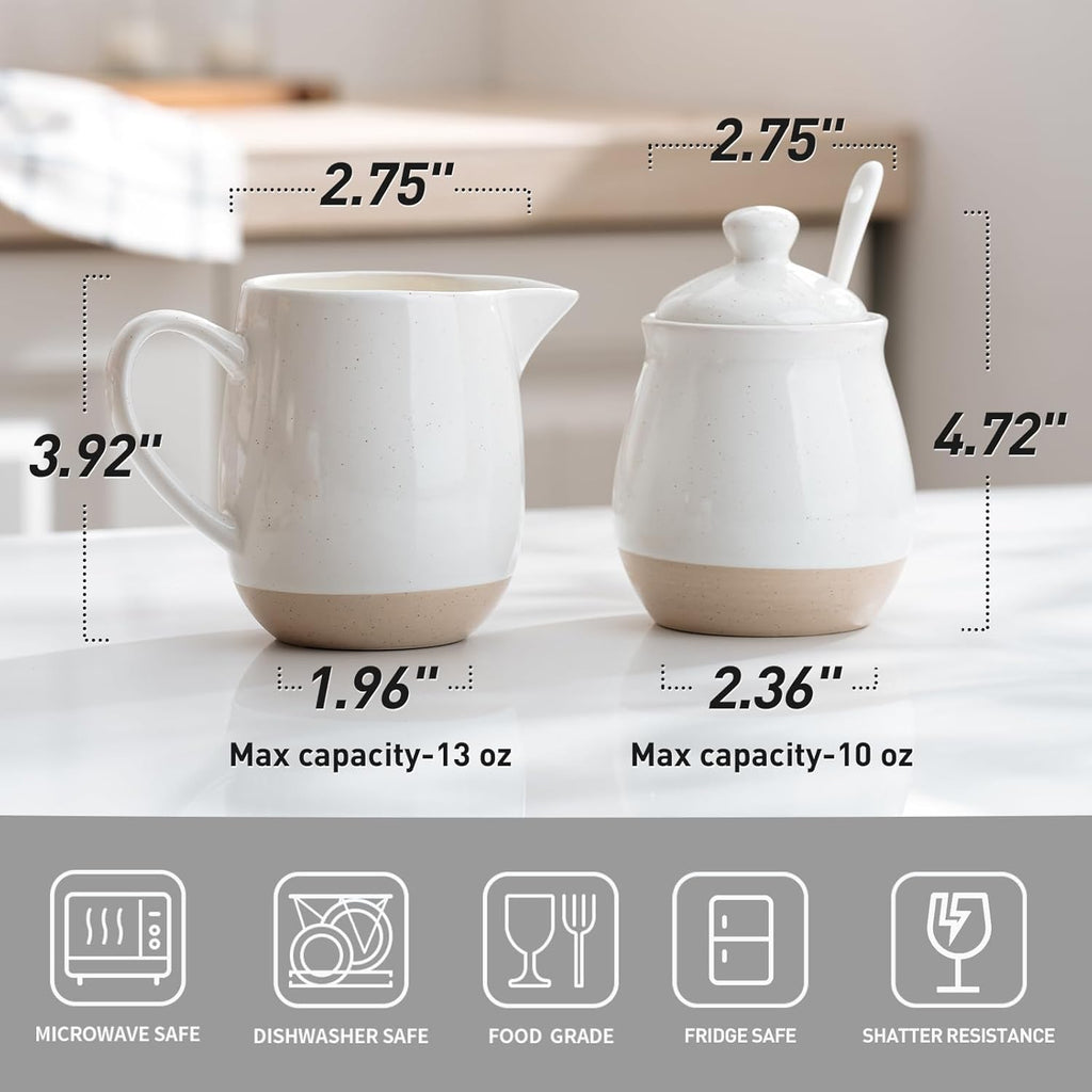 famiware Milkyway Ceramic Sugar and Creamer Set, 10oz Sugar Bowl & 13oz Creamer Set – Stoneware Milk Pitcher & Sugar Dispenser for Coffee Bar, Kitchen, or Countertop, Coffee Serving Set, White