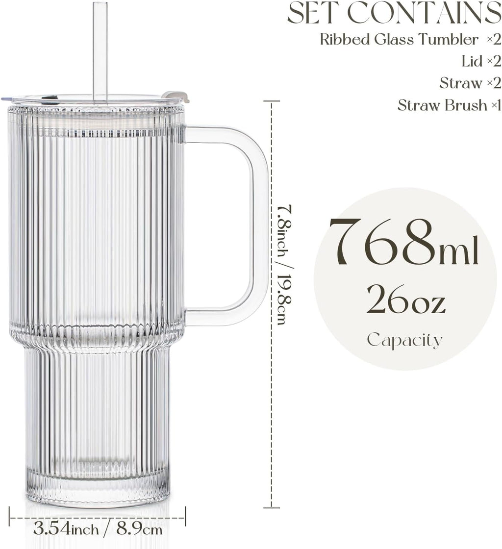 KEMORELA 2-Pack 26oz Ribbed Glass Tumblers with Handle & Lid – Large Iced Coffee Cups with Straws, Aesthetic Glass Mugs for Cold & Hot Drinks, Reusable Smoothie & Tea Cups (2PCS Ribbed Tumblers)