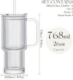 KEMORELA 2-Pack 26oz Ribbed Glass Tumblers with Handle & Lid – Large Iced Coffee Cups with Straws, Aesthetic Glass Mugs for Cold & Hot Drinks, Reusable Smoothie & Tea Cups (2PCS Ribbed Tumblers)