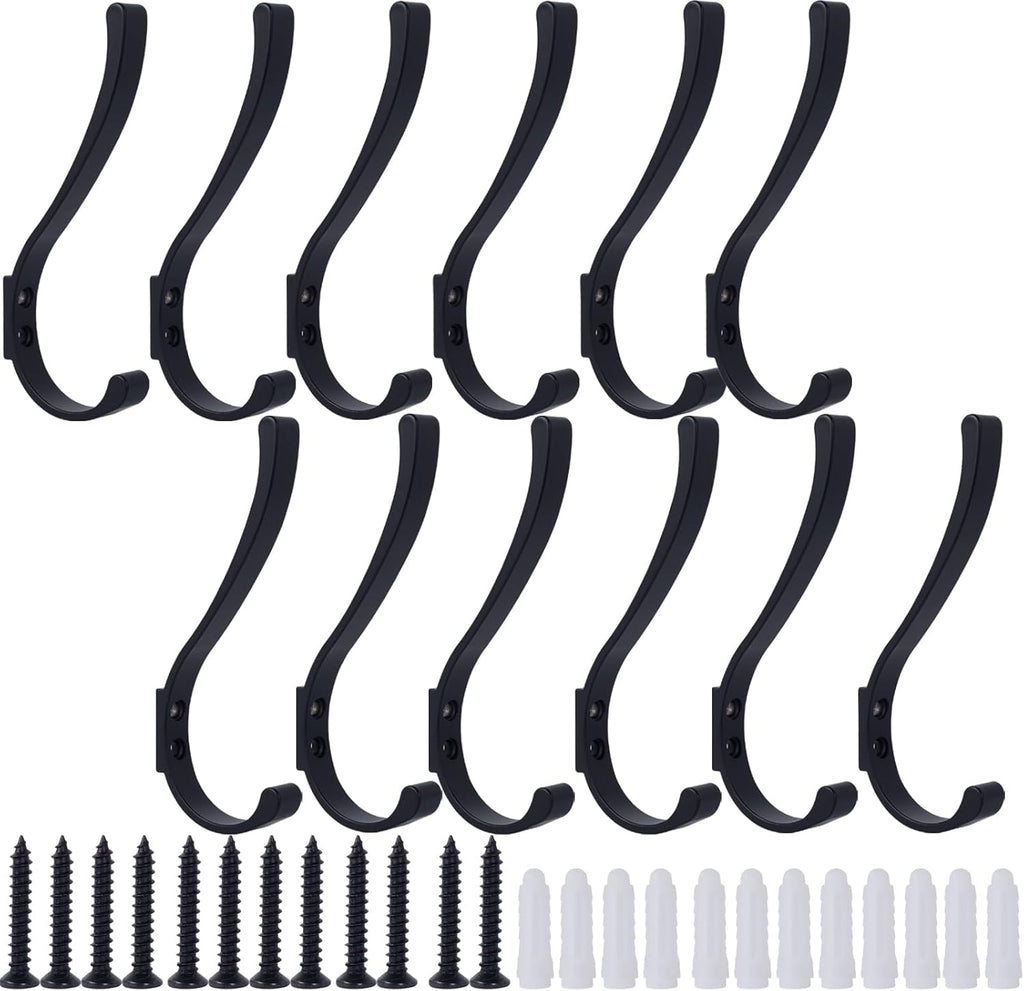 12 Pack Hanging Coat Hooks Wall Mount, Coat Hanger Wall Hangers, Metal Hooks for Hanging Heavy Duty, Screw in Hooks for Hanging Towels, Clothes, Backpack, Hat, Bag, Jacket, Key, Robe, Backpack Black