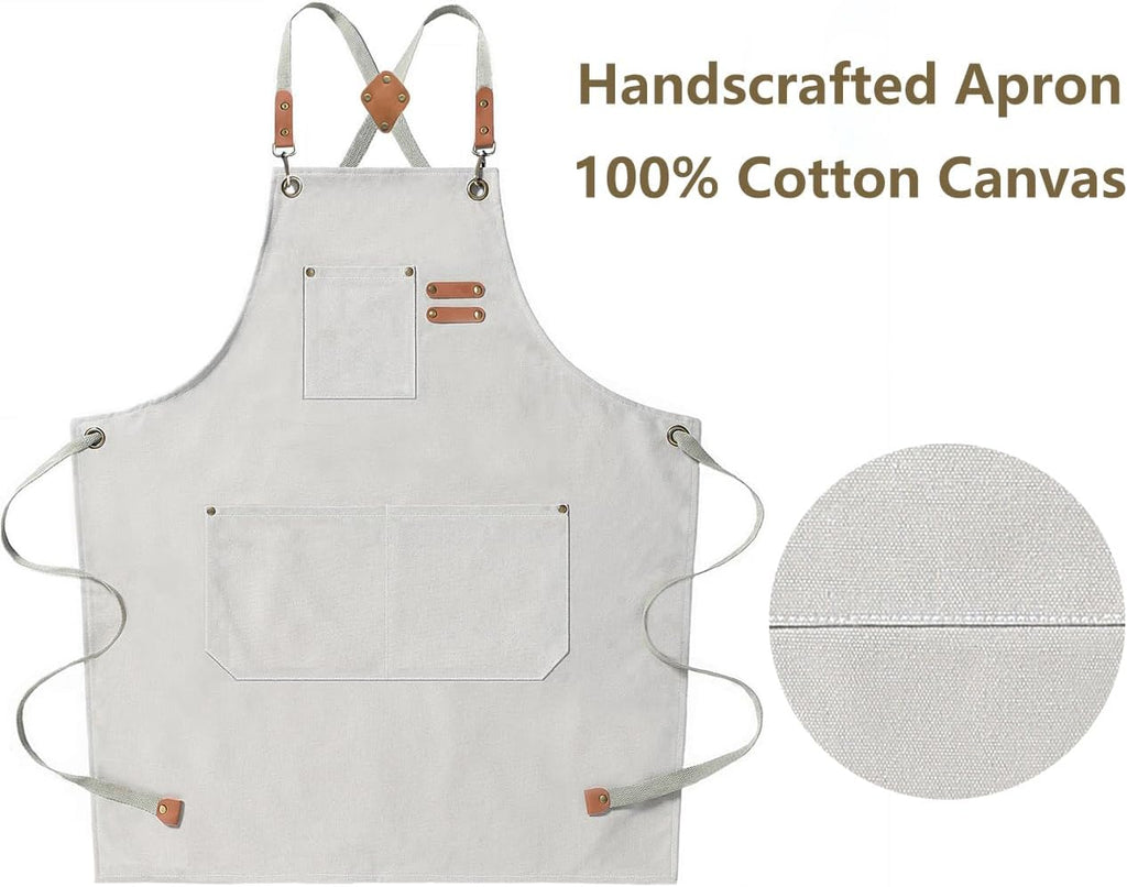 AFUN Chef Aprons for Men Women with Large Pockets, Cotton Canvas Cross Back Heavy Duty Adjustable Work Apron, Size M to XXL (Beige)