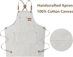 AFUN Chef Aprons for Men Women with Large Pockets, Cotton Canvas Cross Back Heavy Duty Adjustable Work Apron, Size M to XXL (Beige)