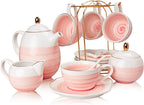Sweejar Porcelain Tea Sets, 8 OZ Cups & Saucer Service for 4, Teapot Sugar Bowl Cream Pitcher Teaspoons and Tea Strainer for Adult Tea Coffee Afternoon Party (Pink)