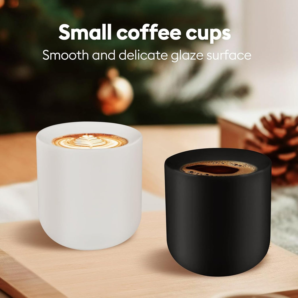 A set of 2 matte black ceramic espresso cups, thickened cup walls, slanted mouth design, each with a capacity of 3 ounces, hand washable only