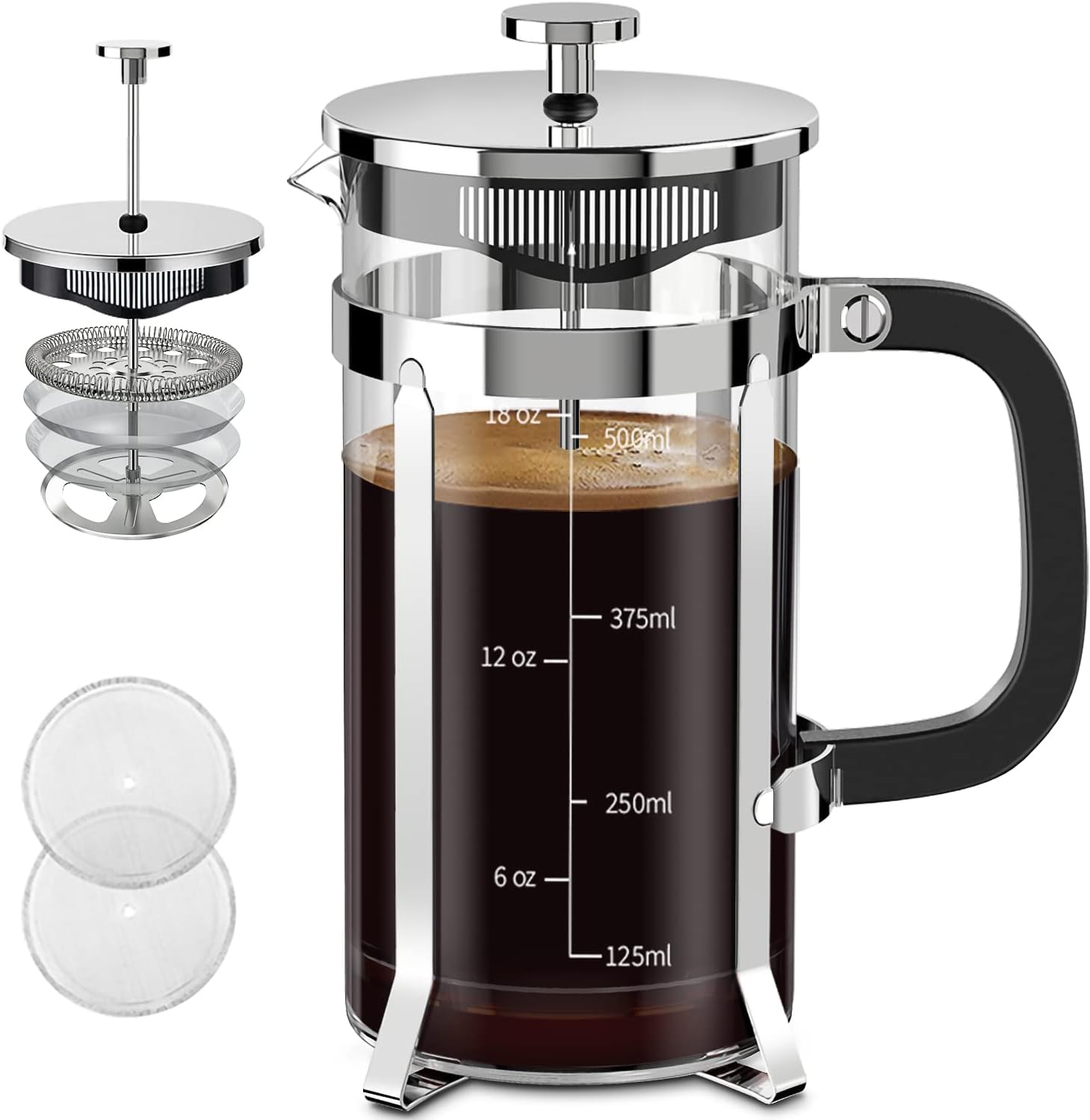 QUQIYSO French Press Coffee Maker 304 Stainless Steel French Press with 4 Filter, Heat Resistant Durable, Easy to Clean, Borosilicate Glass Coffee Press, 100% BPA Free Glass Teapot, 21 ounce, Silver