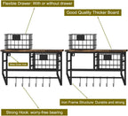 Helsin Industrial Wall Mounted Metal Wood Floating Shelves with Baskets Hooks Hanging Display Shelf Sundries Holder for Coffee Bar Kitchen Bathroom Organization and Home Decor, Black (16inch, 2 Sets)