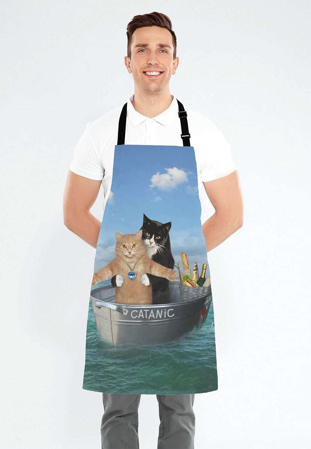 Funny Cats Adjustable Bib Apron, The two brave cats are drifting in the steel Cooking Kitchen Apron for Men Women