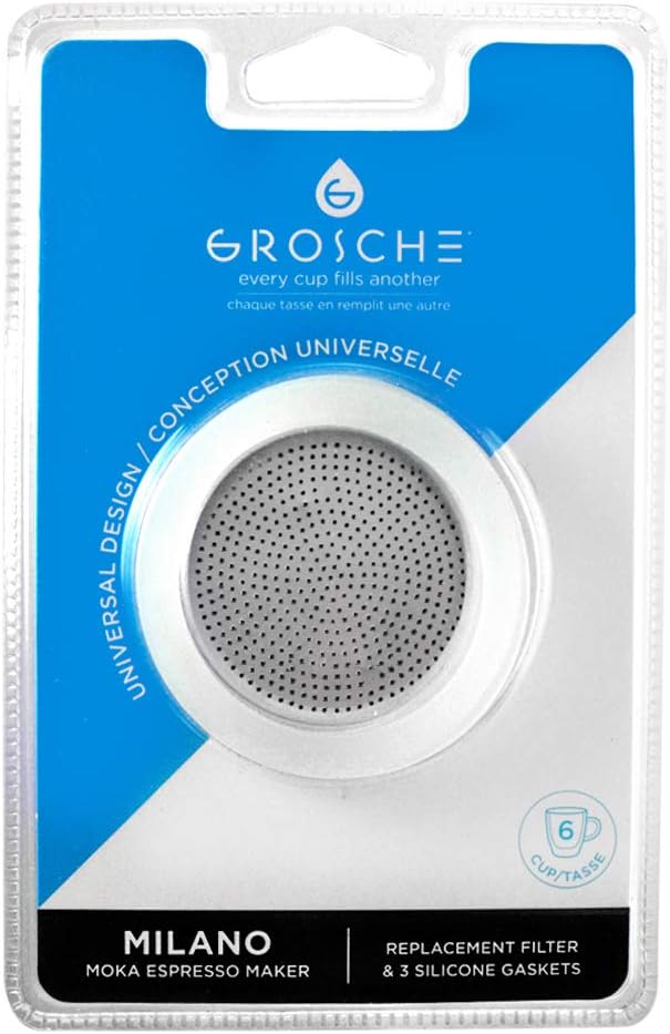 GROSCHE Milano Stovetop Espresso Maker Replacement - 6 Espresso Cup Size Silicone Gasket Seals (3 Seals) & 1 Replacement Filter Screen Kit for Moka Pots