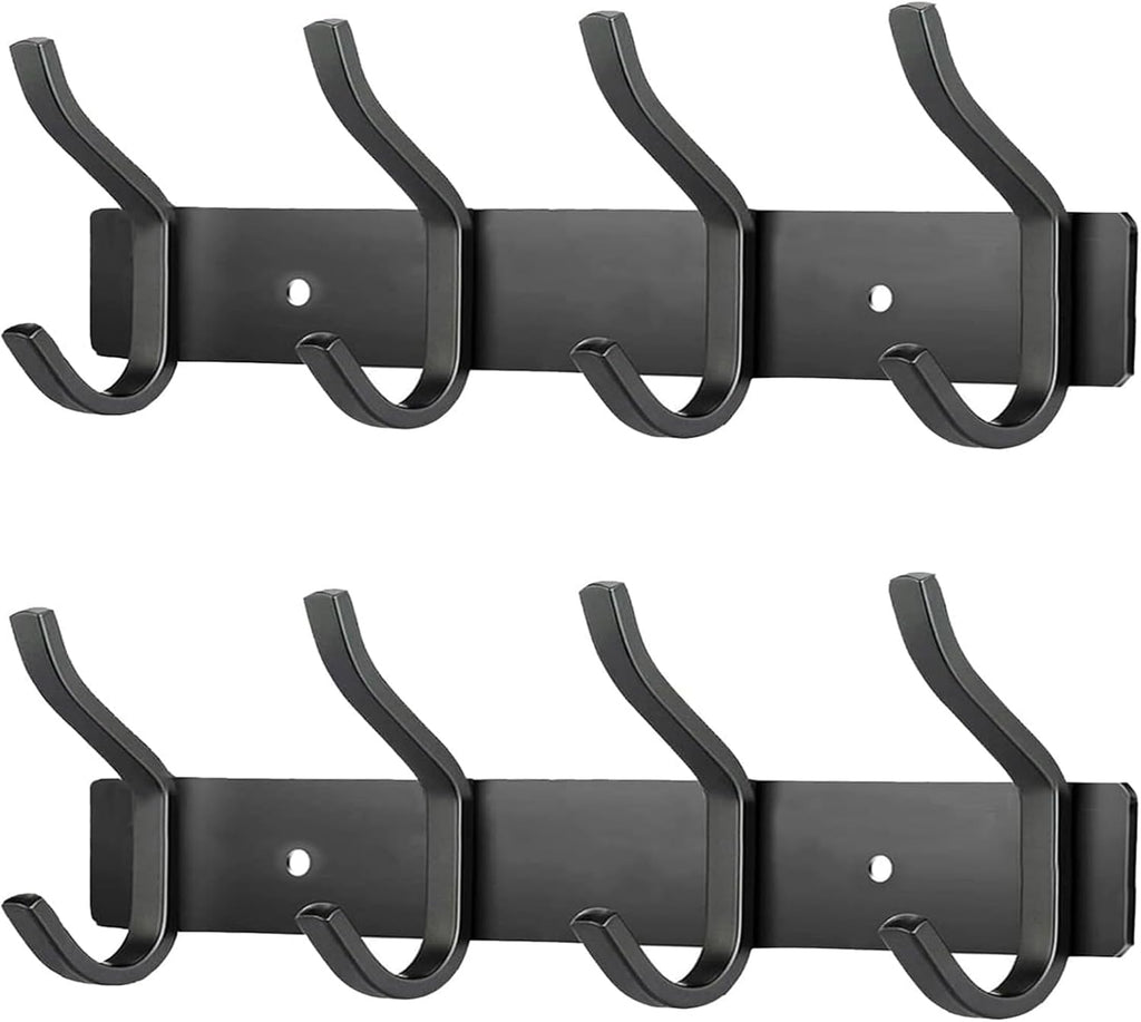 Wall Hooks Heavy Duty, 12 Inch Coat Rack Wall Mount with 4 Hooks, Black Wall Hooks for Entryway, Bathroom - for Hanging Backpack, Bag, Coat, Purse, Hat, Towel, Clothes,2 Packs