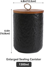 Black White Ceramic Coffee Canister Tea Canister with Seal Wood Lid, Airtight Coffee Storage Container for Coffee Bean, Ground Coffee, Sugar, Cookie Candy jar (Black, 1300ml)