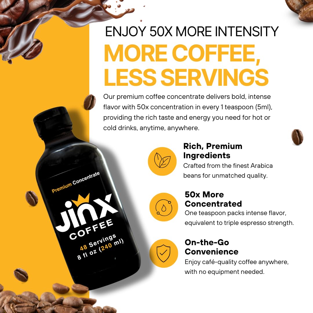 Jinx Coffee Concentrate – 50x Stronger Cold Brew Coffee | Strong Caffeine Concentrated Liquid, Perfect for Instant Hot or Iced Coffees, Cold Brew Concentrate, Hot Drinks, and Instant Espresso | 48 Servings of Premium Concentrated Coffee